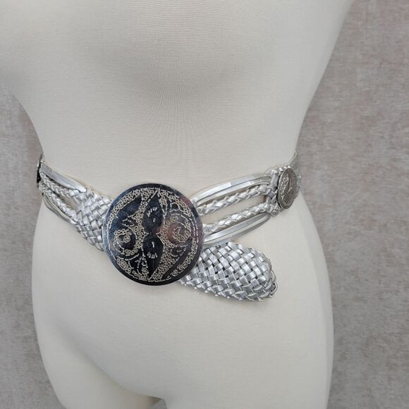 Concho Belt Braided and Woven Metallic Silver Women's Oversized Circle Buckle - Picture 1 of 10